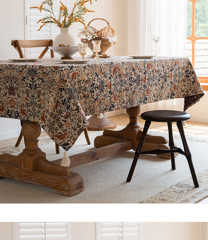 Floral Vintage Bird Tassel Tablecloth | Vintage Cotton and Linen Jacquard Tablecloth, 90*140cm