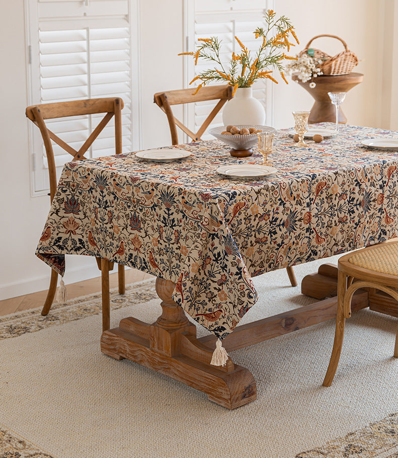 Floral Vintage Bird Tassel Tablecloth | Vintage Cotton and Linen Jacquard Tablecloth, 140*180cm