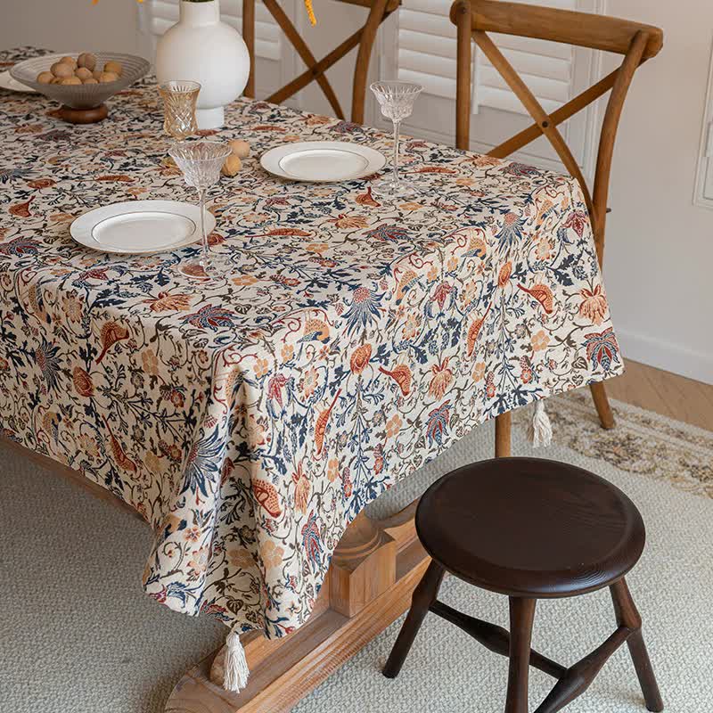 Floral Vintage Bird Tassel Tablecloth | Vintage Cotton and Linen Jacquard Tablecloth, 140*180cm