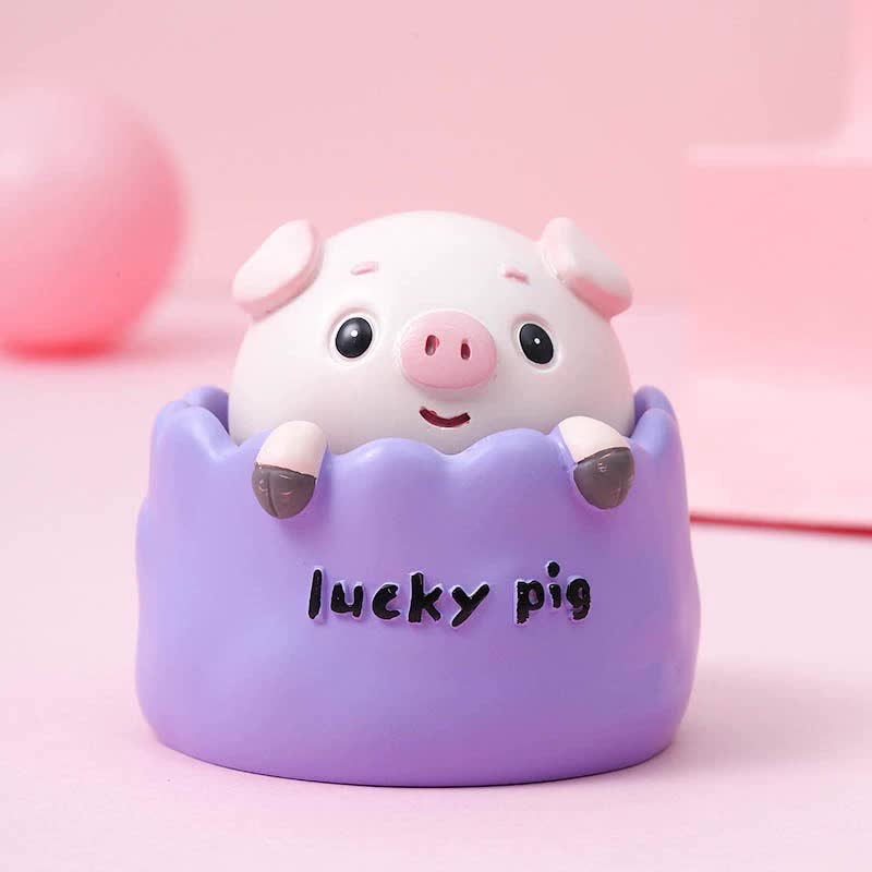 2 pcs Purple Cute Pig Head Bobble Head Car Ornament | Resin Pig Doll for Car Dashboard Decoration 6.5x7cm