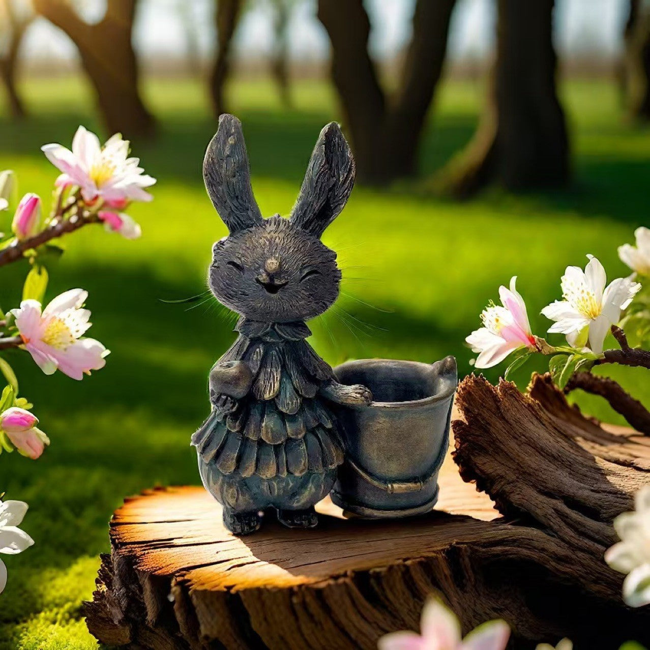 Copper Bunny with Bucket Whimsical Bunny Garden Decor - Easter Flower Pot Statue