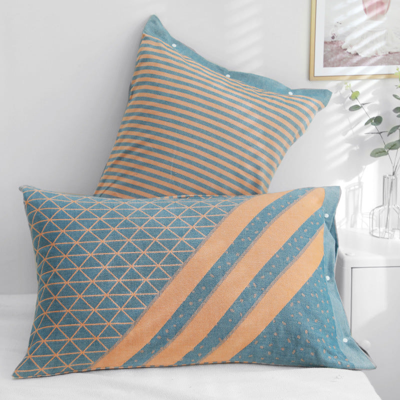 Blue Twill Snap-On Cotton Gauze Pillowcase Set - Full Coverage, Non-Slip, Easy Closure One pair without pillow core