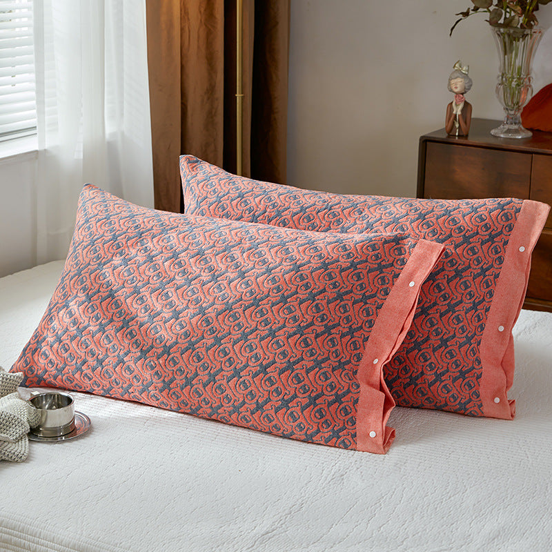 Red B pattern Snap-On Cotton Gauze Pillowcase Set - Full Coverage, Non-Slip, Easy Closure One pair without pillow core