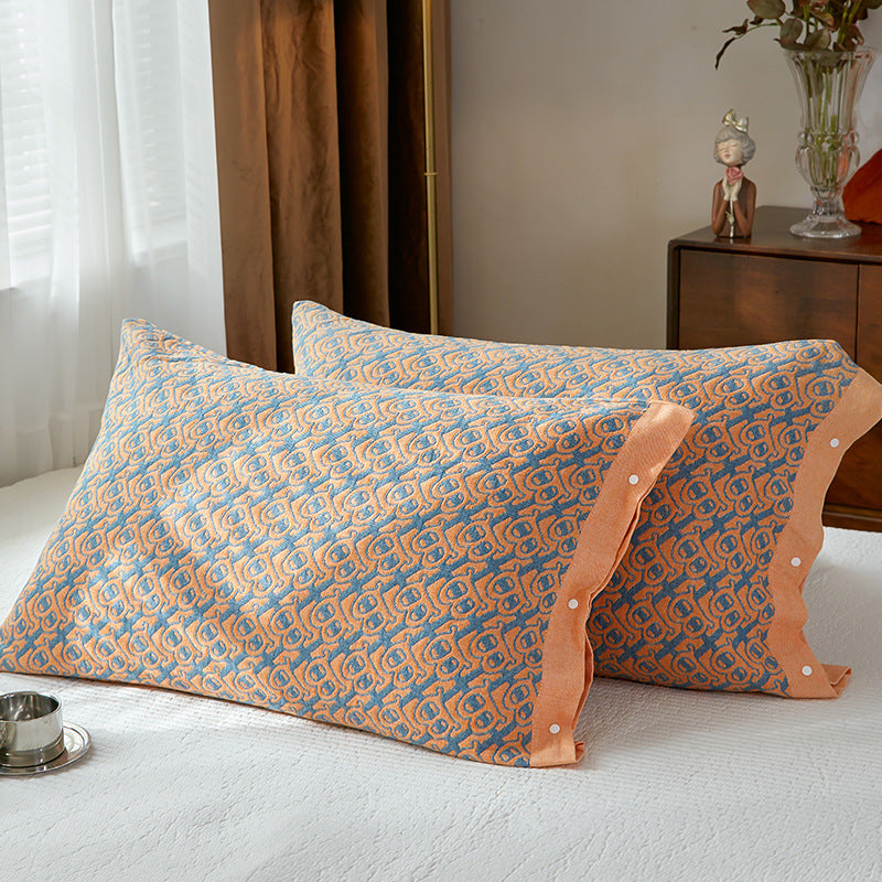Orange B pattern Snap-On Cotton Gauze Pillowcase Set - Full Coverage, Non-Slip, Easy Closure One pair without pillow core