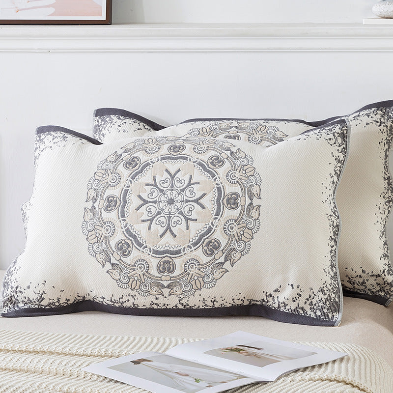 Pair of Gray Circular Pattern Tied Cotton Gauze Pillow Cover - Secure Fit, Premium Comfort Insert Not Included