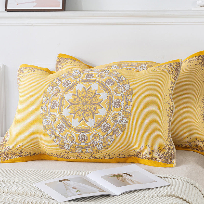 Pair of Yellow Circular Pattern Tied Cotton Gauze Pillow Cover - Secure Fit, Premium Comfort Insert Not Included