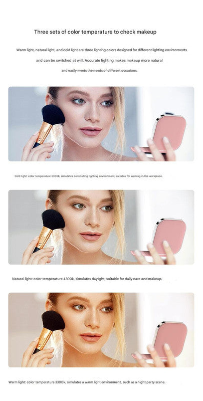 Black LED Makeup Mirror with Light - Portable Folding USB Rechargeable Compact Mirror with 3 Color Lighting