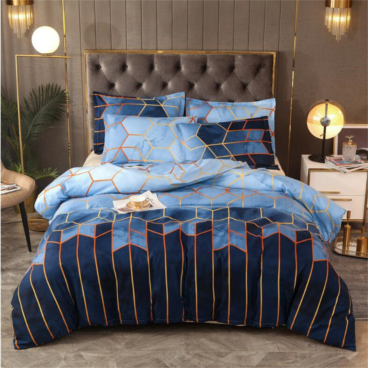 Geometric Print Duvet Cover - 3 Piece Blue Ombre Bedding Set Quilt cover 230X265cm-Pillowcase 51X92cm