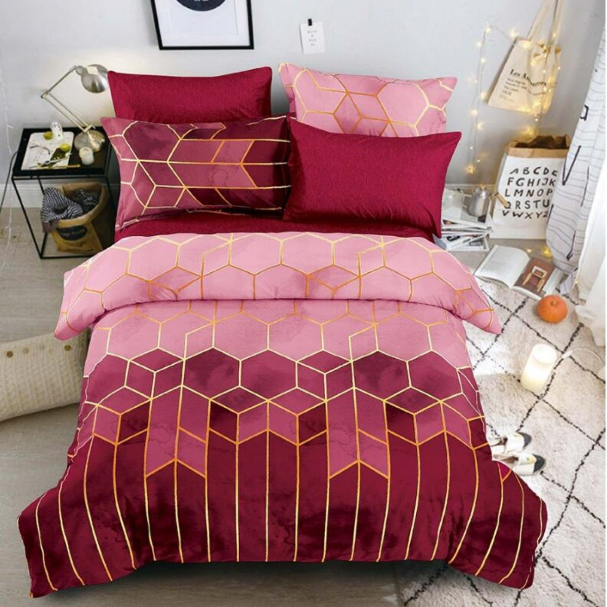 Geometric Print Duvet Cover - 3 Piece Red Ombre Bedding Set Quilt cover 230x230cm-Pillow cover 51x76cm