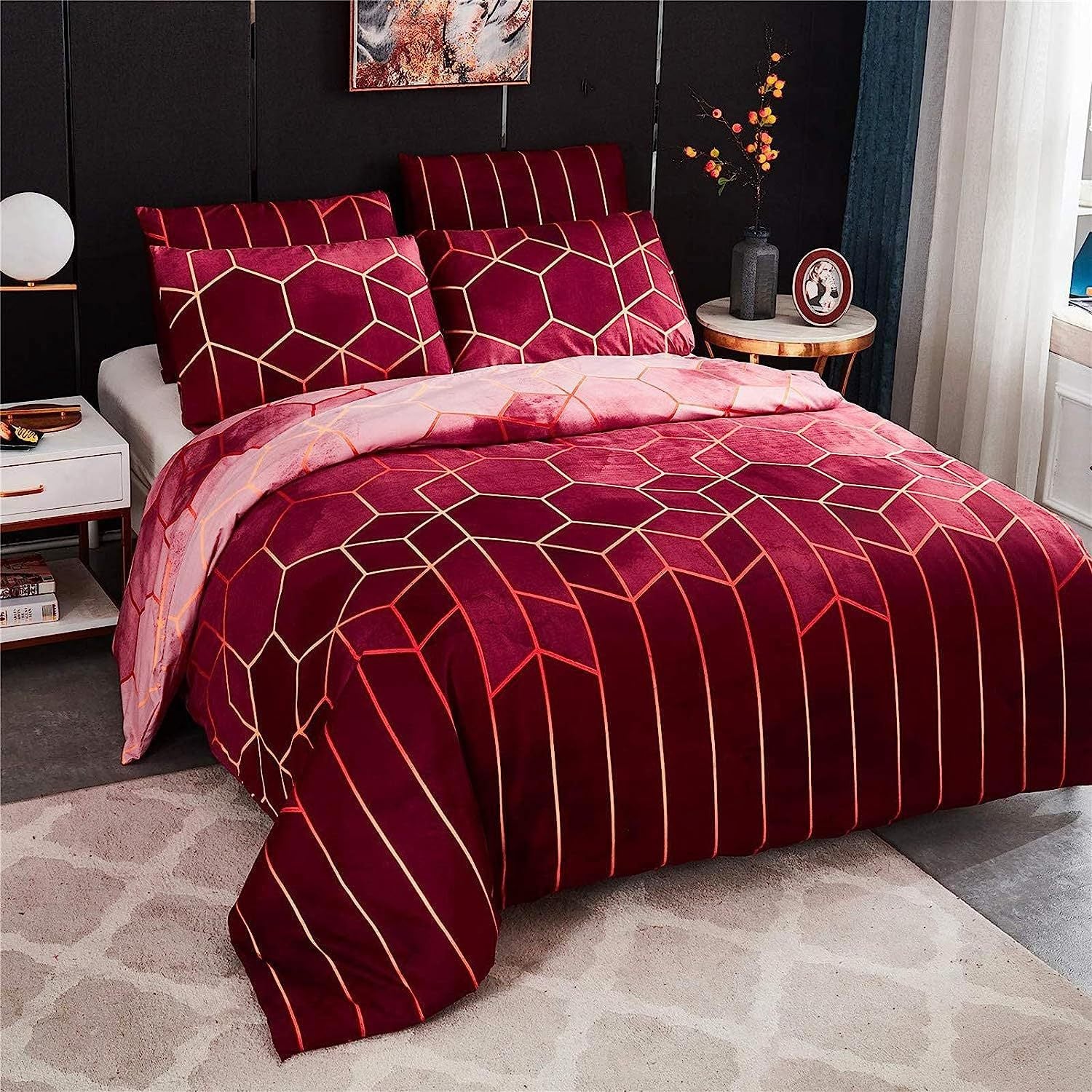 Geometric Print Duvet Cover - 3 Piece Red Ombre Bedding Set Quilt cover 230x230cm-Pillow cover 51x76cm