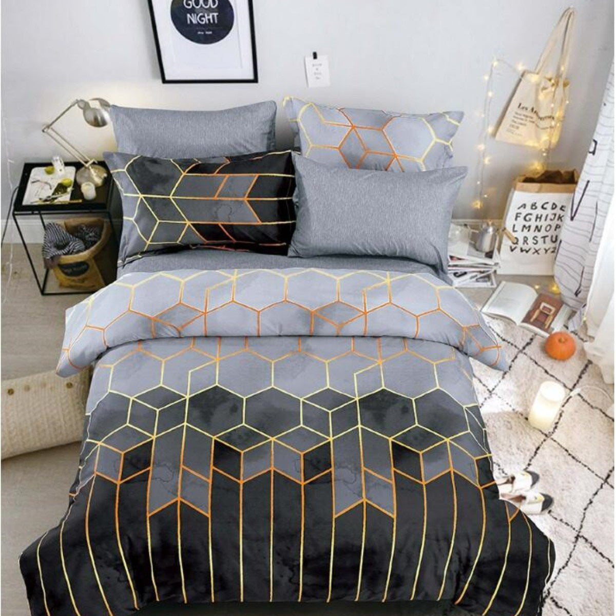 Geometric Print Duvet Cover - 3 Piece Grey Ombre Bedding Set Quilt cover 230x230cm-Pillow cover 51x76cm