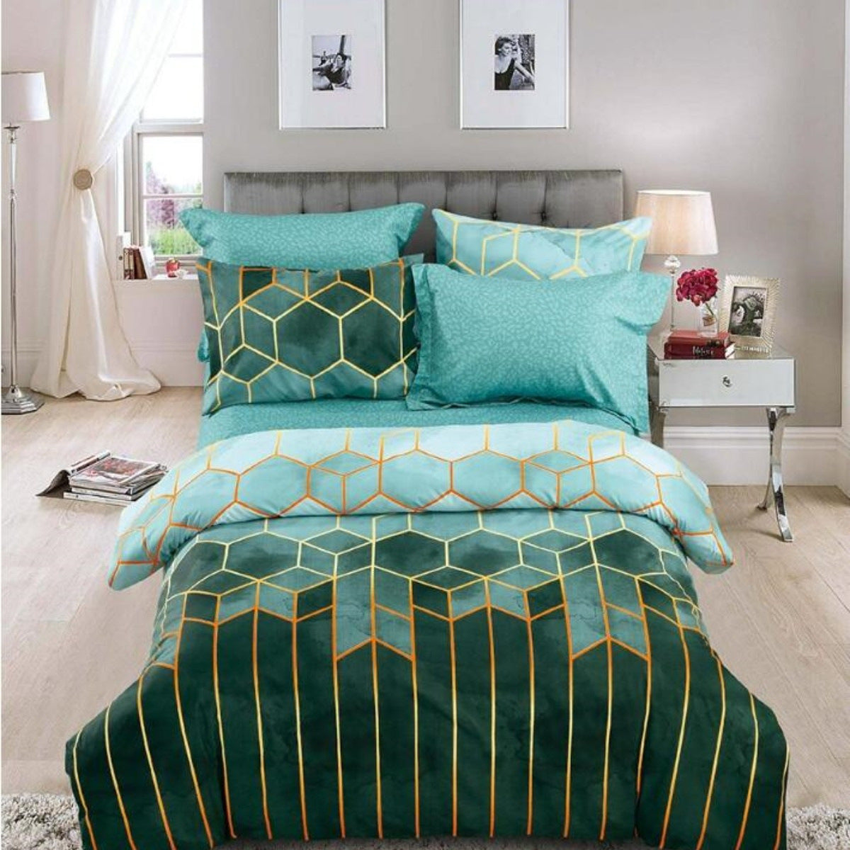 Geometric Print Duvet Cover - 3 Piece Green Ombre Bedding Set Quilt cover 230x230cm-Pillow cover 51x76cm