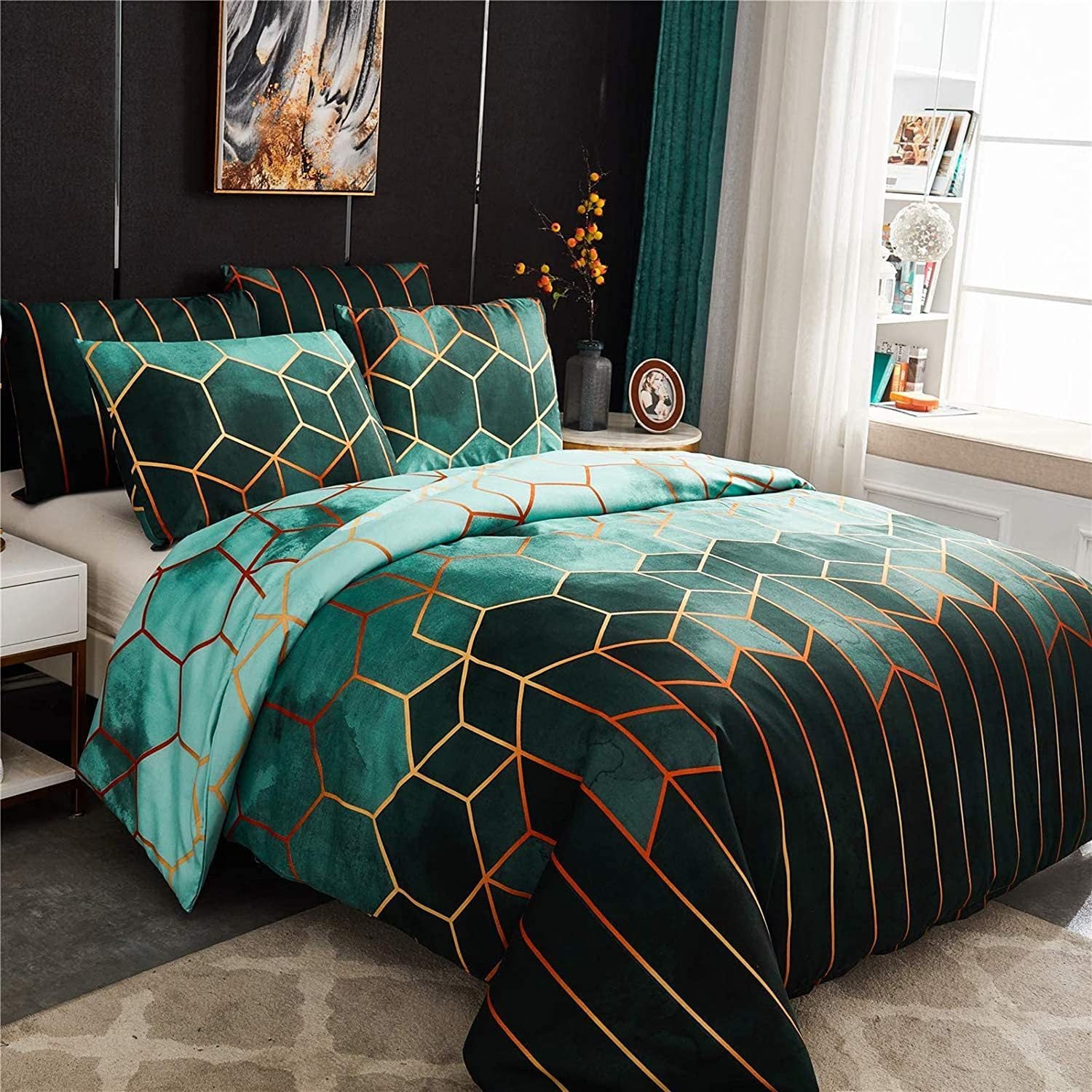 Geometric Print Duvet Cover - 3 Piece Green Ombre Bedding Set Quilt cover 230X265cm-Pillowcase 51X92cm