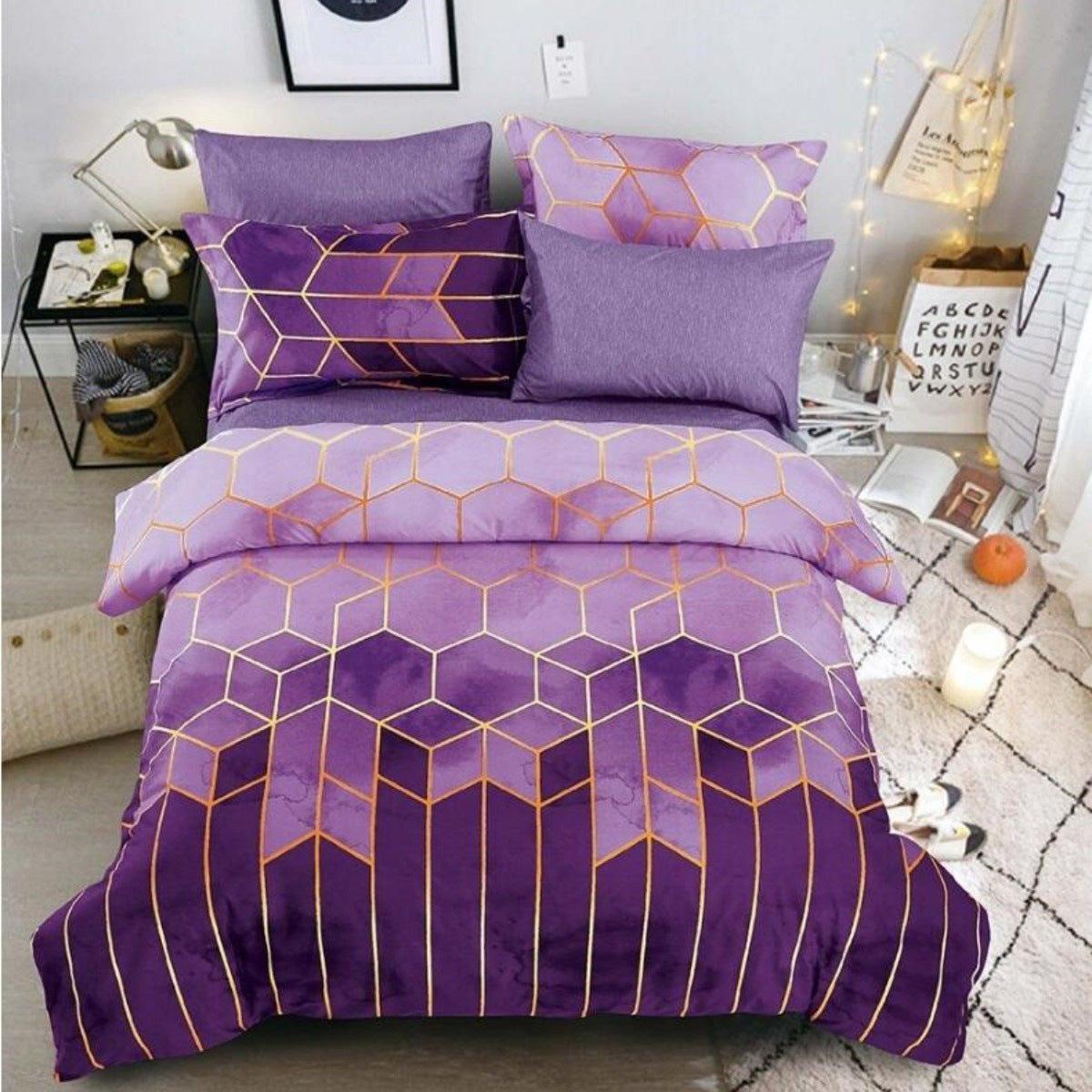 Geometric Print Duvet Cover - 3 Piece Purple Ombre Bedding Set Quilt cover 230x230cm-Pillow cover 51x76cm