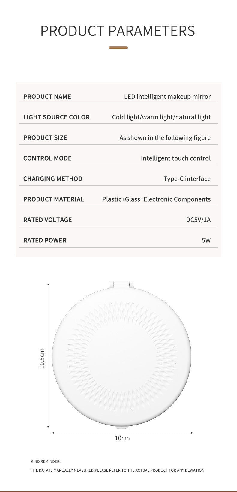 Khaki Portable LED Makeup Mirror with Tricolor Lights - Rechargeable Folding Travel Mirror
