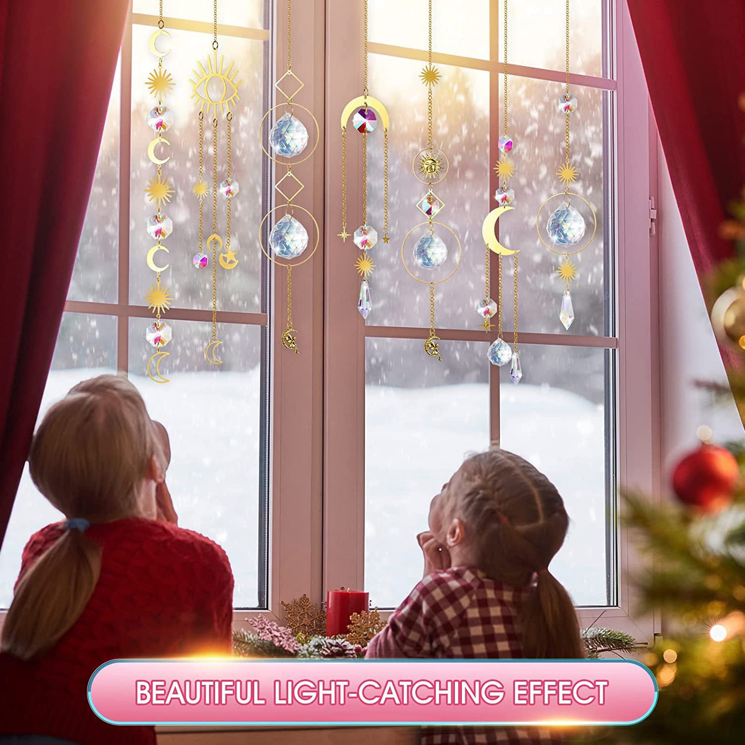 Style 5 4 pcs Crystal Wind Chimes-Sun Catcher Star Moon Dream Catcher for Window 33cm