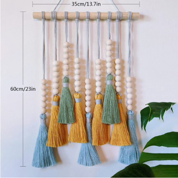 Colorful Tassel Wall Hanging-Wooden Beads Boho Tapestry Home Decor Light Blue