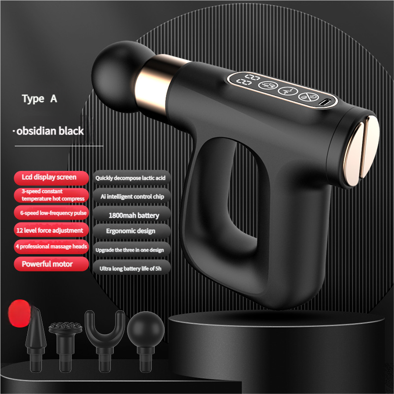 Black Heated Mini Fascia Massage Gun - LCD Display, Muscle Recovery Tool, 32 Adjustable Levels