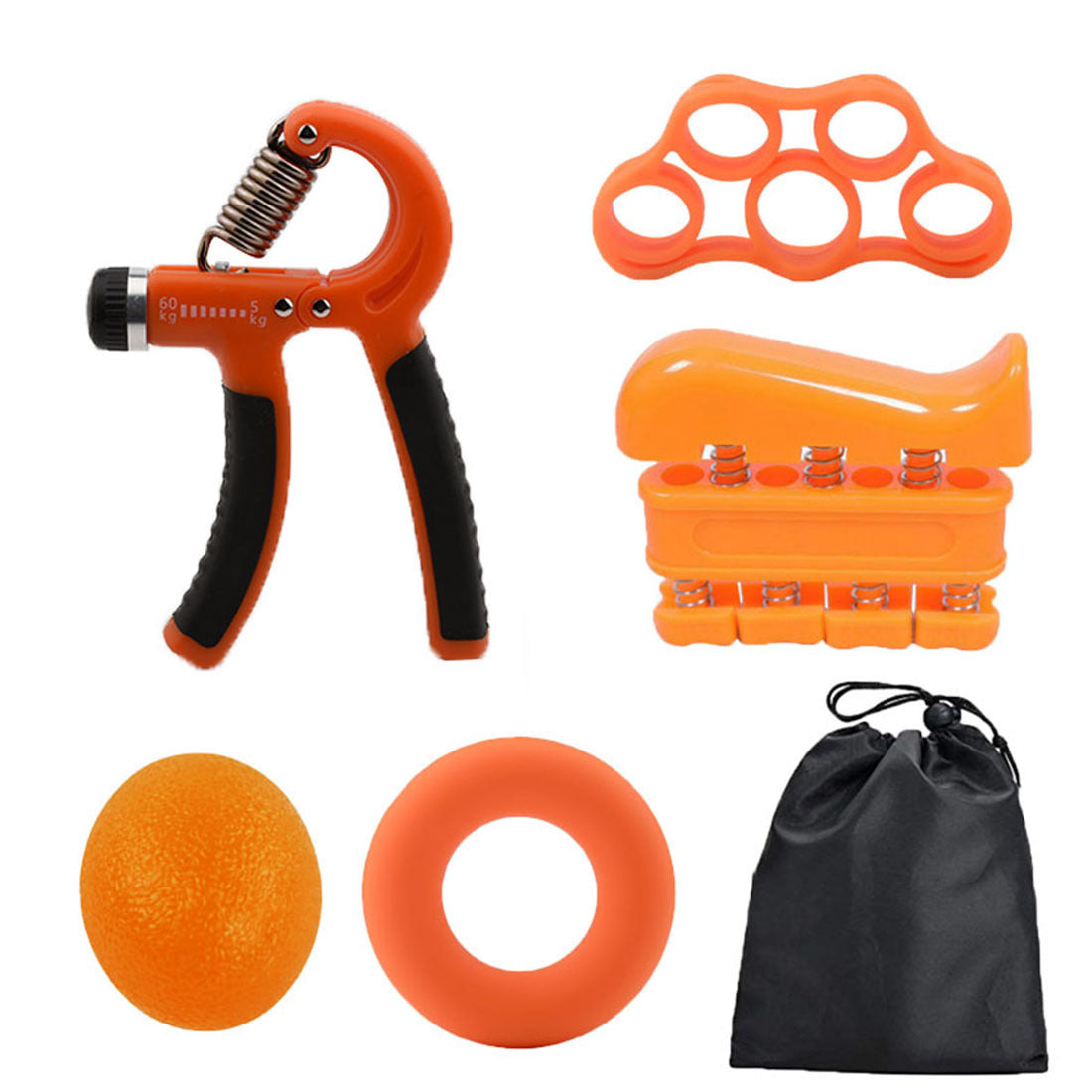 Orange 5-Piece Hand Grip Strength Training Set - Adjustable Grip Exerciser, Silicone Grip Rings & Grip Ball