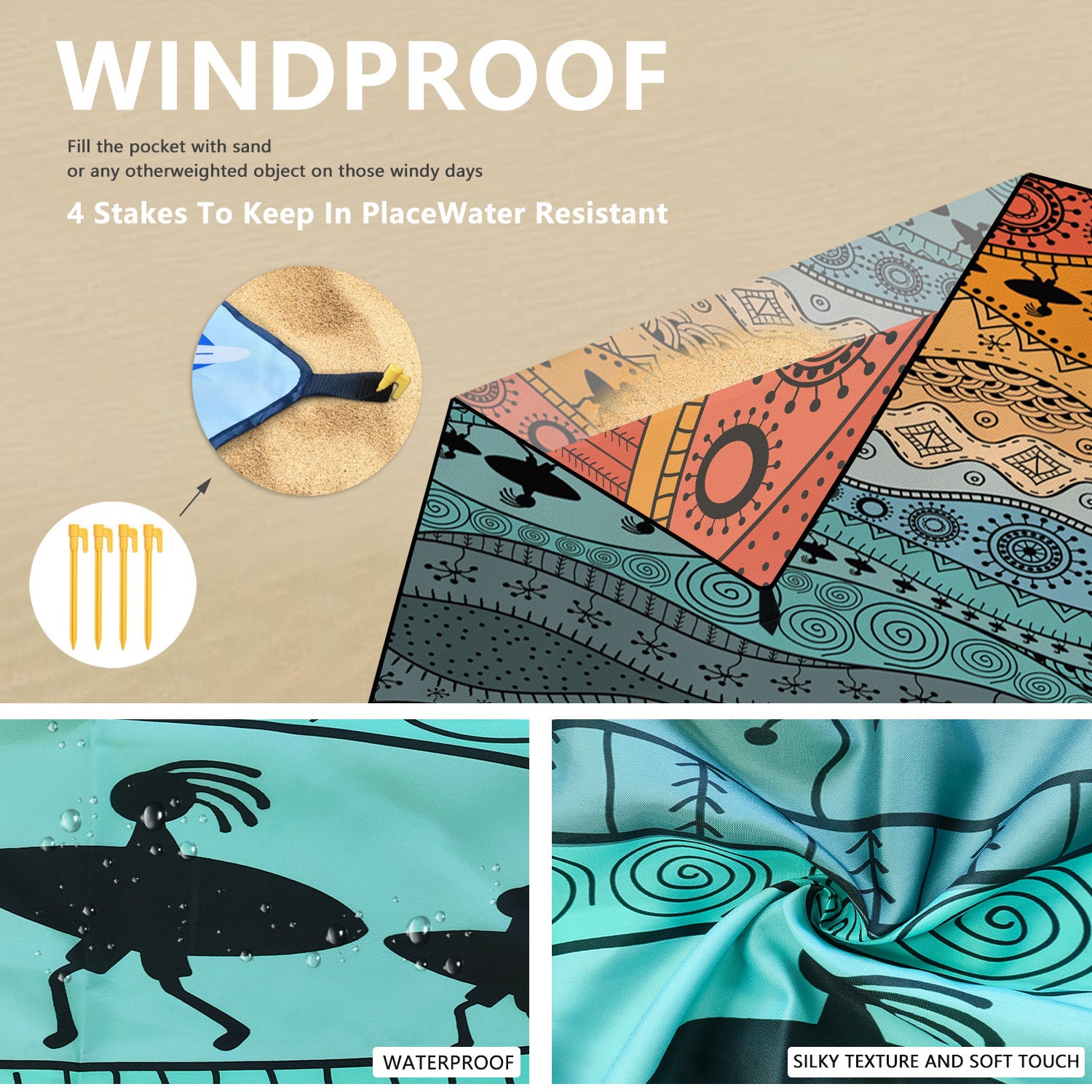 Style STD-001-48 Colorful Quick Dry Beach Mat Sand Proof Waterproof Outdoor Picnic Blanket - Compact & Lightweight