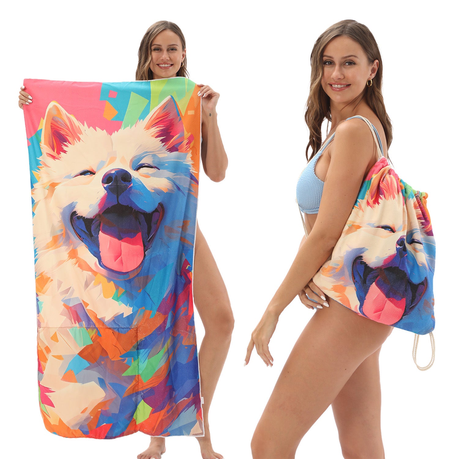 Colorful Dog Pattern 2-in-1 Foldable Beach Towel & Backpack - Microfiber Travel Set is concise