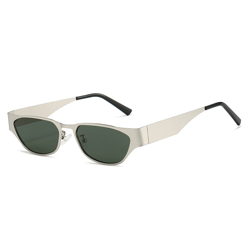 Silver Frame Dark Green Film Retro Cat Eye Sunglasses - Metal Frame, UV400 Protection