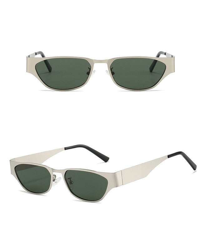 Silver Frame Dark Green Film Retro Cat Eye Sunglasses - Metal Frame, UV400 Protection