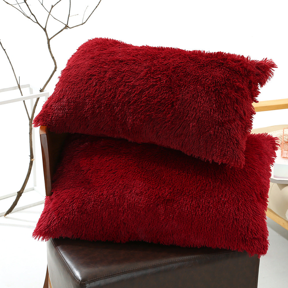 Claret Faux Fur Pillowcase Set - Crystal Velvet Plush Throw Pillow Covers, Bedding Accent 50x70cm, Pair