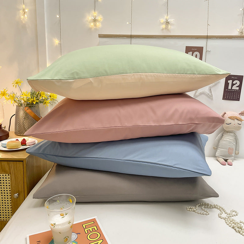 Dark Blue And Grey Washed Cotton Pillowcase Set - Solid Color, Simple Two-Tone Design, 48x74cm Pair