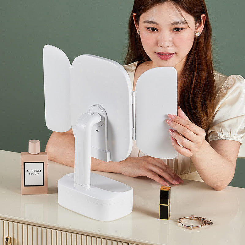Milky White LED Lighted Tri-Fold Makeup Mirror with Storage Drawer & MagnificationUSB Charging Port