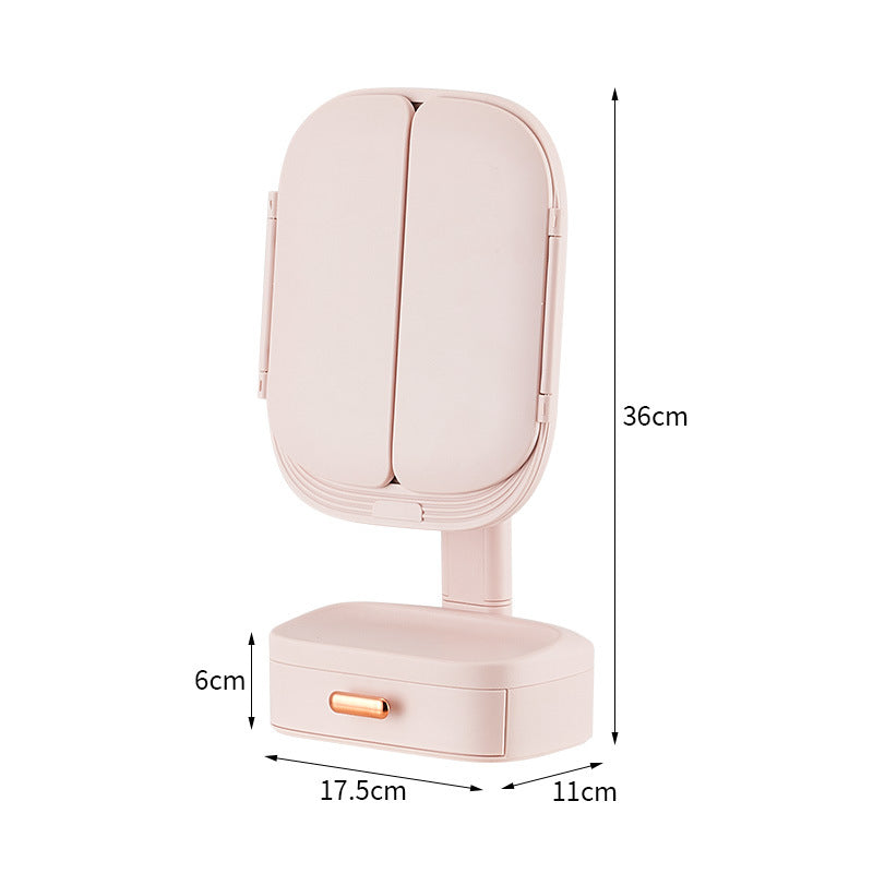 Pink LED Lighted Tri-Fold Makeup Mirror with Storage Drawer & MagnificationUSB Charging Port