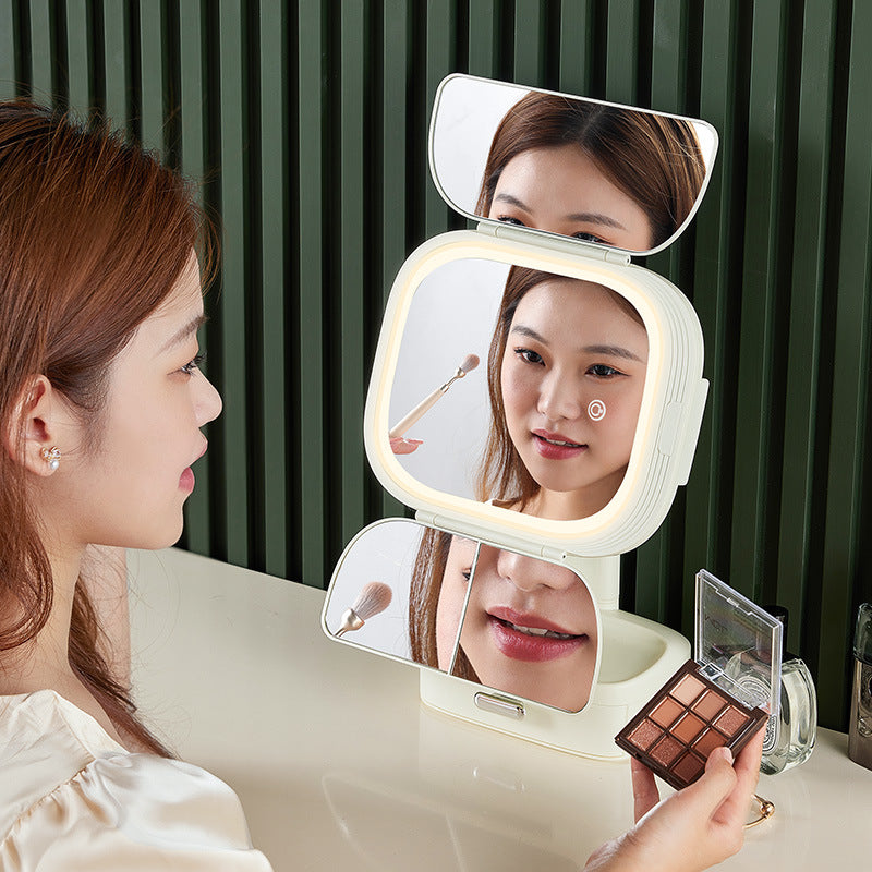 Pink LED Lighted Tri-Fold Makeup Mirror with Storage Drawer & MagnificationUSB Charging Port