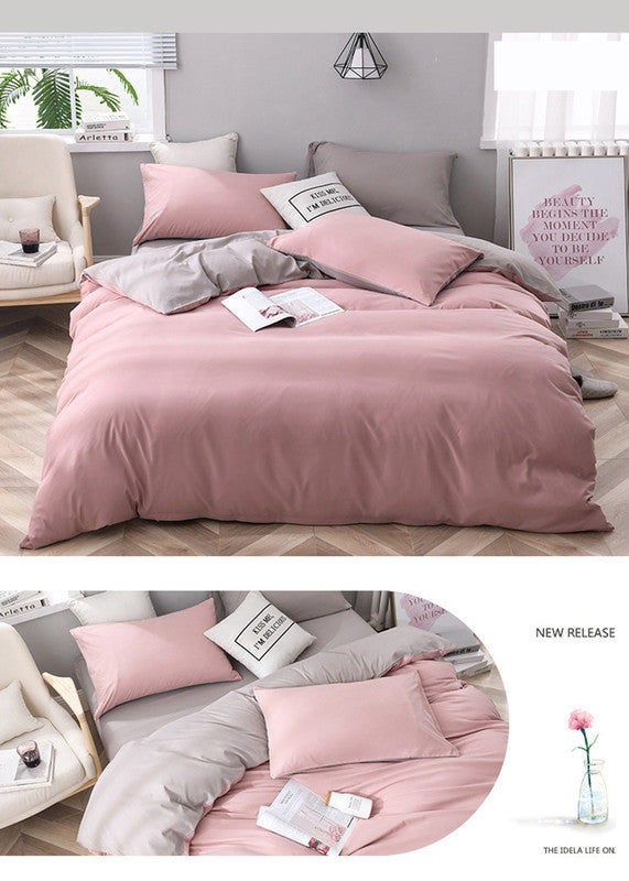 Gray And Pink Stitching Ultra-Soft Solid Color 4-Piece Bedding Set - Queen SizeSuitable for 2m bed