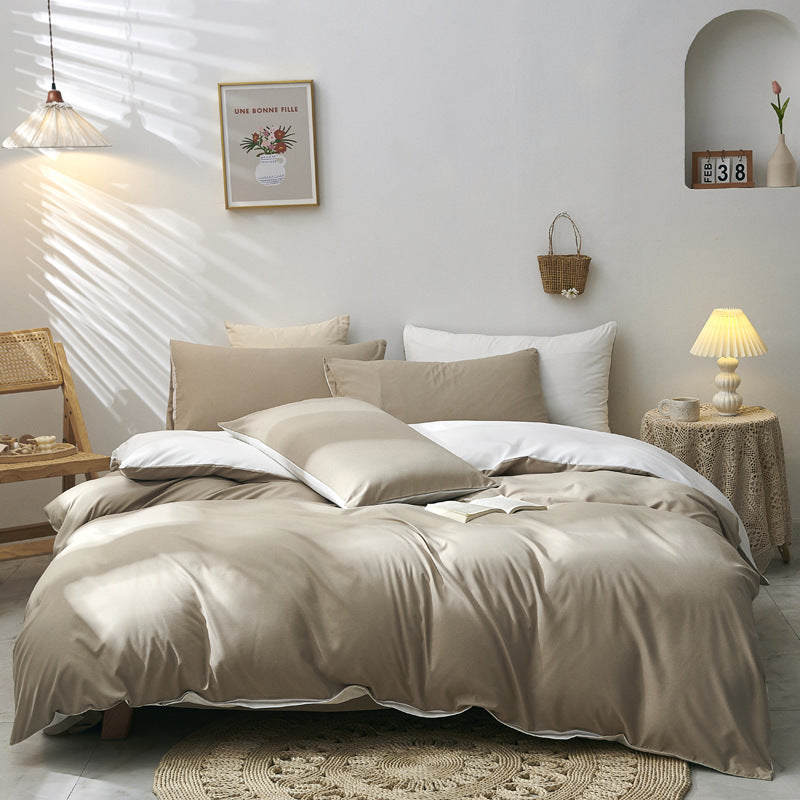 Light Brown And White Stitching Ultra-Soft Solid Color 4-Piece Bedding Set - Queen SizeSuitable for 2m bed
