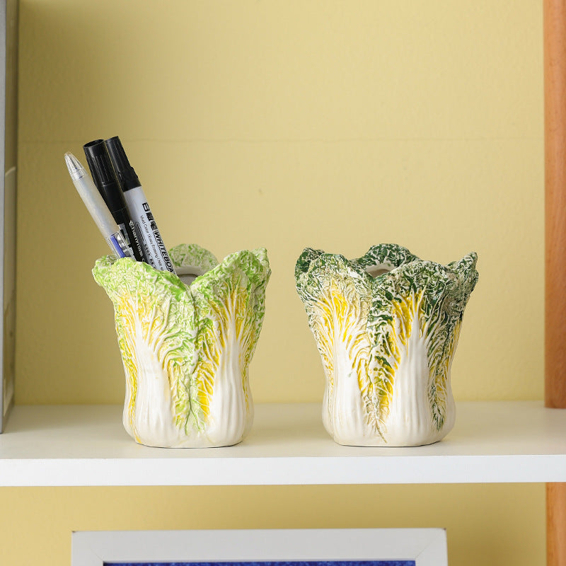 2 Pcs Light Green Premium Ceramic Cabbage Makeup Brush Holder - Elegant 10.5cm High-End Desktop Organizer