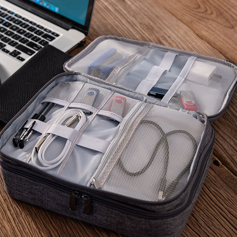 Black Durable Three-Layer Earphone & Digital Organizer - Waterproof Cosmetic & Cable Storage PouchPhotography props not included, only the bag