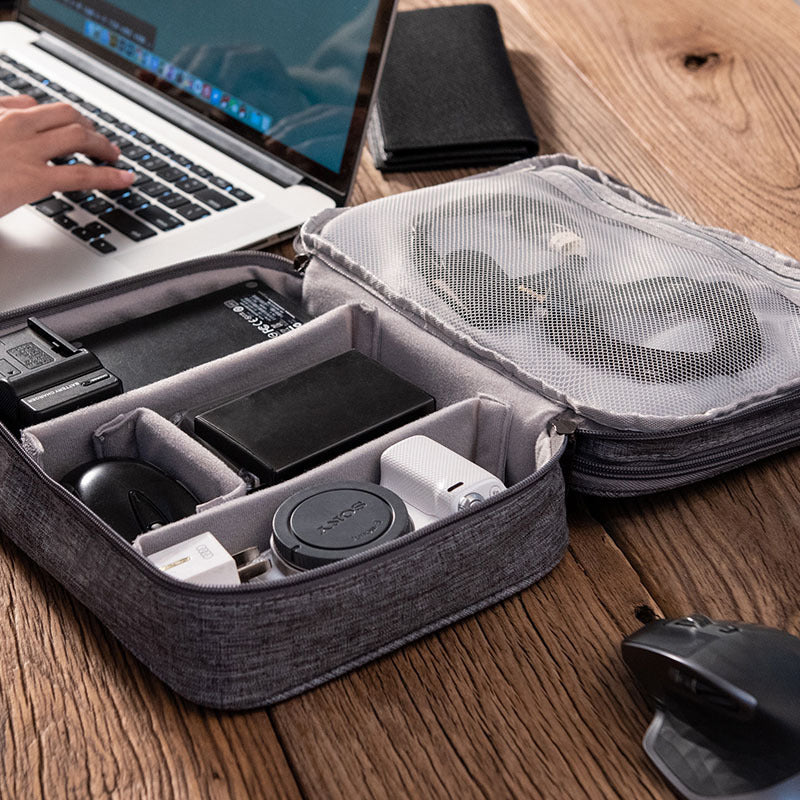 Black Durable Three-Layer Earphone & Digital Organizer - Waterproof Cosmetic & Cable Storage PouchPhotography props not included, only the bag