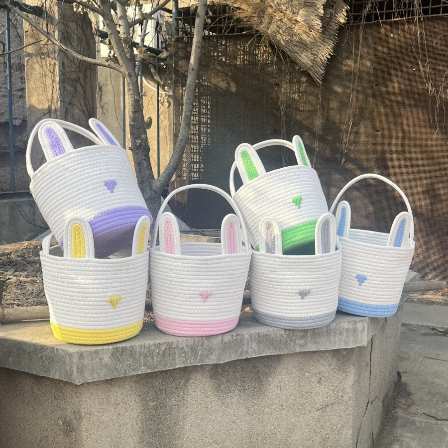 Yellow And White Stitching Charming Easter Egg Tote Basket - Cute Rabbit-Themed Handwoven Cotton Rope Candy Holder