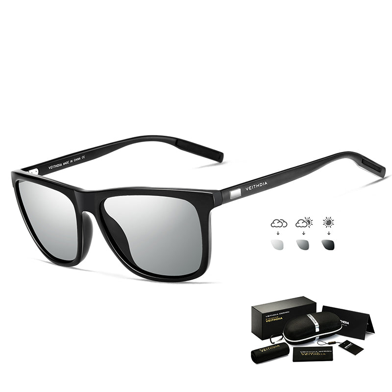 Black Frame + Black Temples + Photochromic Gray Lenses Unisex Aluminum-Magnesium Square Polarized Sunglasses - Stylish UV-Protective Driving Glasses with Case