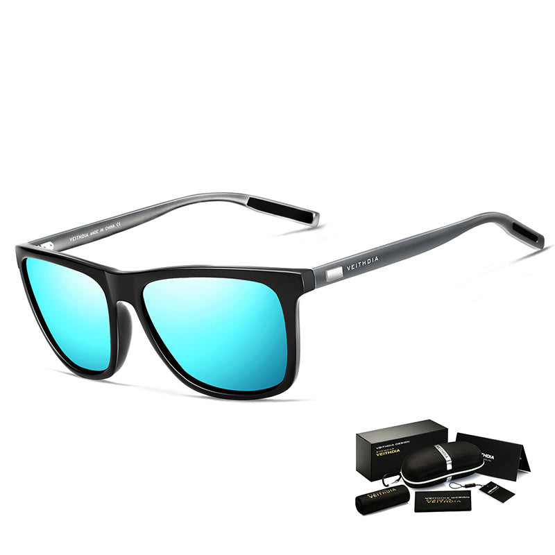 Black Frame + Dark Grey Temples + Blue Lenses Unisex Aluminum-Magnesium Square Polarized Sunglasses - Stylish UV-Protective Driving Glasses with Case