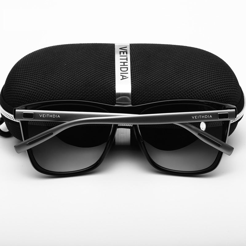 Black Frame + Dark Grey Temples + Green Lenses Unisex Aluminum-Magnesium Square Polarized Sunglasses - Stylish UV-Protective Driving Glasses with Case