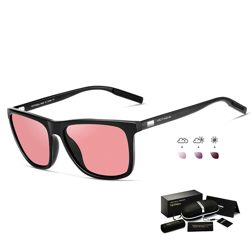 Black Frame + Black Temples + Photochromic Red Lenses Unisex Aluminum-Magnesium Square Polarized Sunglasses - Stylish UV-Protective Driving Glasses with Case