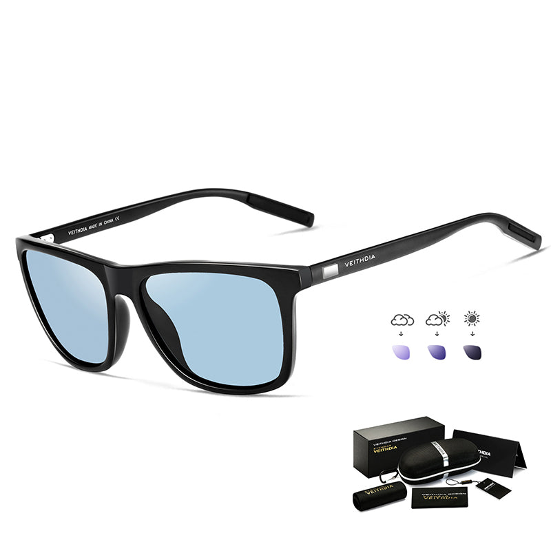 Black Frame + Black Temples + Photochromic Blue Lenses Unisex Aluminum-Magnesium Square Polarized Sunglasses - Stylish UV-Protective Driving Glasses with Case