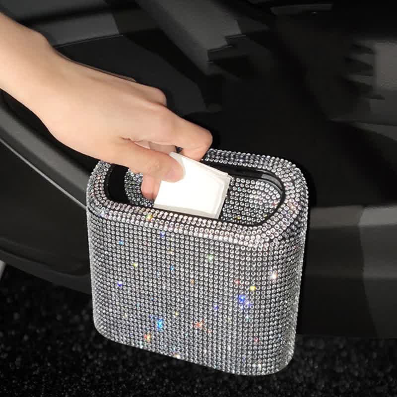 Blue Diamond Sparkly Rhinestone Car Trash Can - Diamond Auto Garbage Bin Organizer