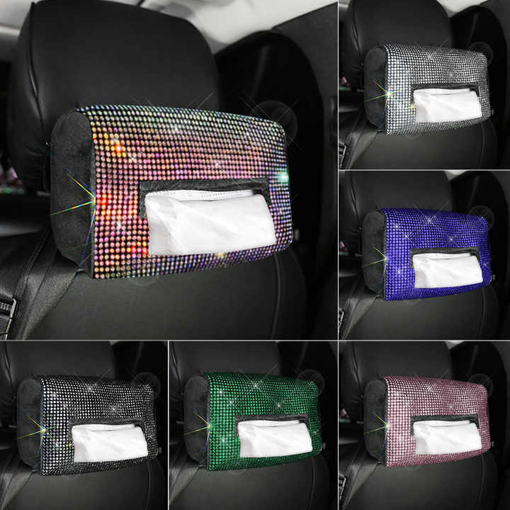 Colored Diamond Bling Rhinestone Car Tissue Box Holder - Applies to Visor & Seat Back