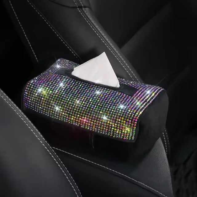 Colored Diamond Bling Rhinestone Car Tissue Box Holder - Applies to Visor & Seat Back