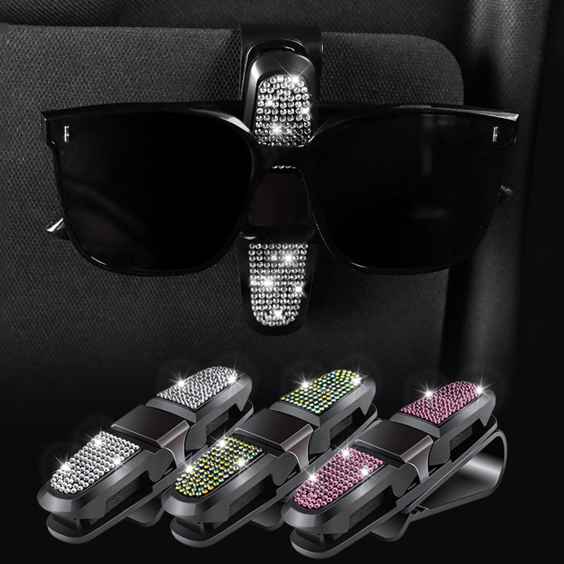 6 Pcs White Luxury Rhinestone Car Sun Visor Glasses Clip - Multi-Functional, 180° Rotatable, ABS Material