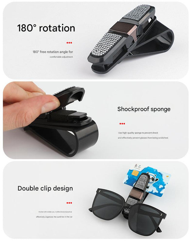 6 Pcs Black Luxury Rhinestone Car Sun Visor Glasses Clip - Multi-Functional, 180° Rotatable, ABS Material