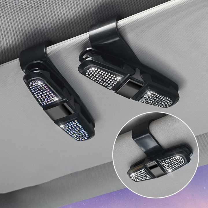 6 Pcs Colored Luxury Rhinestone Car Sun Visor Glasses Clip - Multi-Functional, 180° Rotatable, ABS Material
