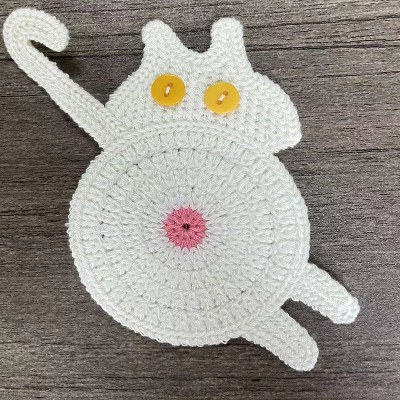 4 Pcs White Cute Cat Butt Knitted Coaster - Lightweight Crochet Drink Mat, 15x10cm